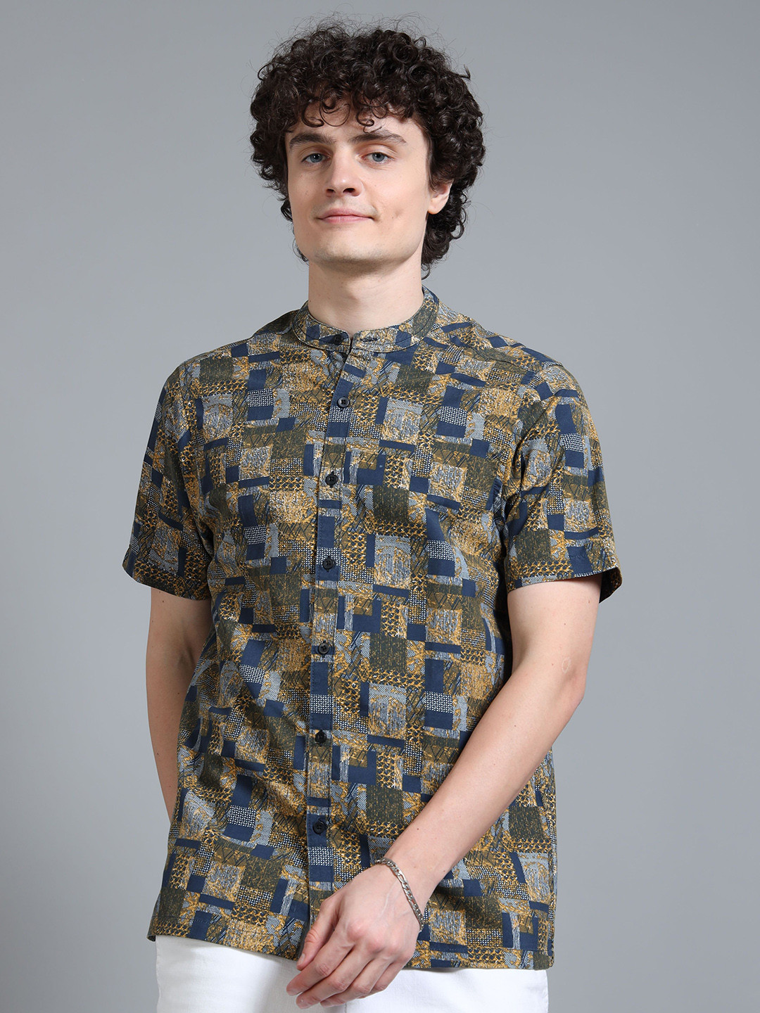 Moda Rapido Gold Toned & Navy Blue Geometric Printed Relaxed Fit Casual Shirt