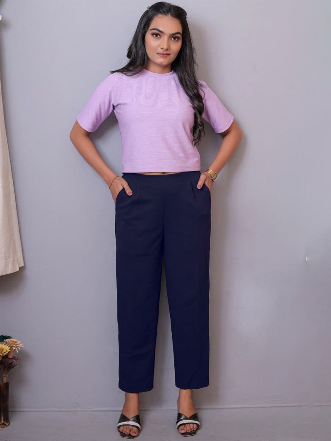 TOONKY Women Smart High-Rise Pleated Cropped Trousers