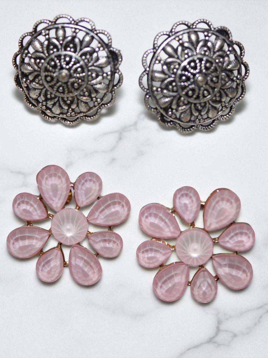 Jolly Faces Set Of 2 Oxidised Floral Shaped Studs