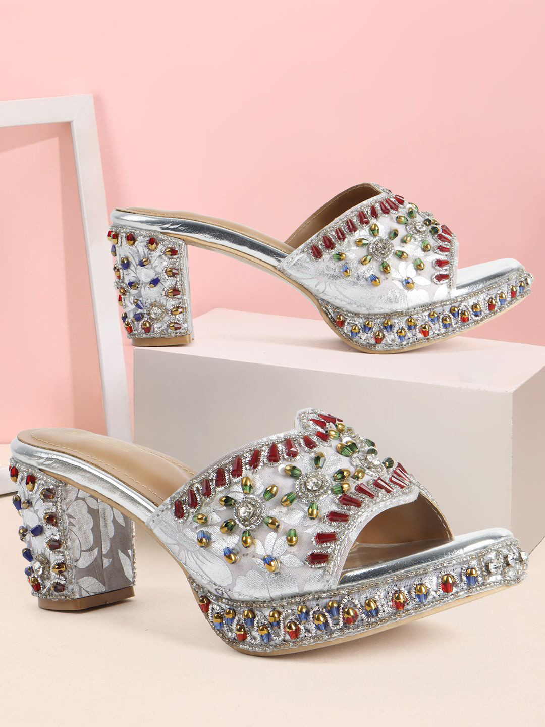 VENDOZ Women Embellished Beaded Open Toe Block Heels Sandals