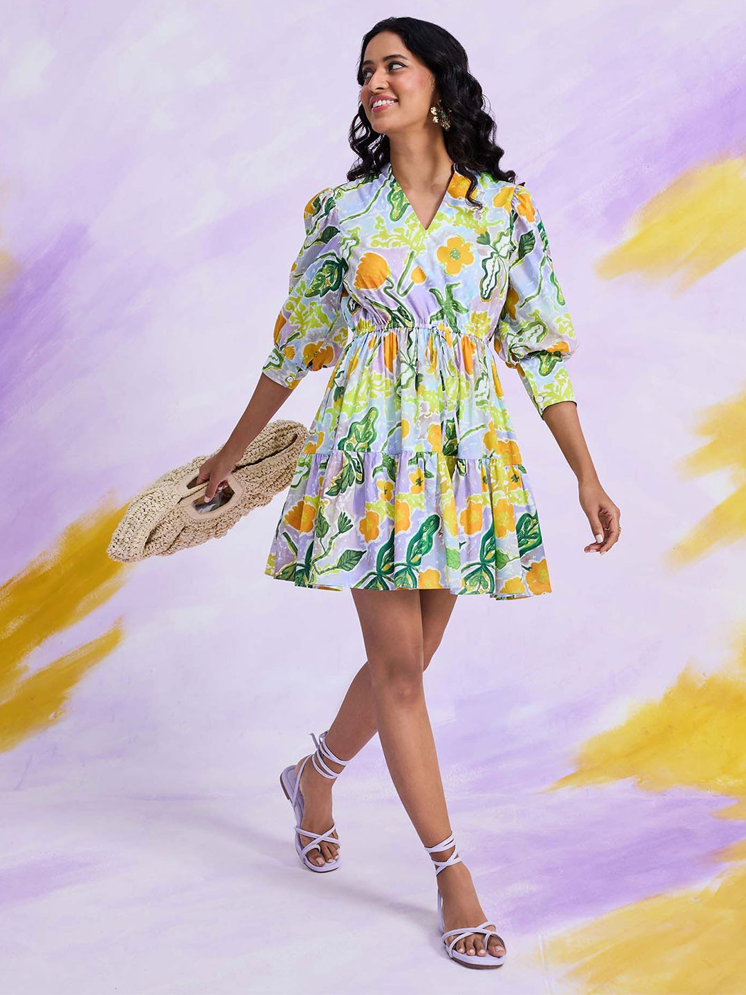 20Dresses Happi Space Floral Printed V-Neck Fit & Flare Gathered Pure Cotton Mini Dress