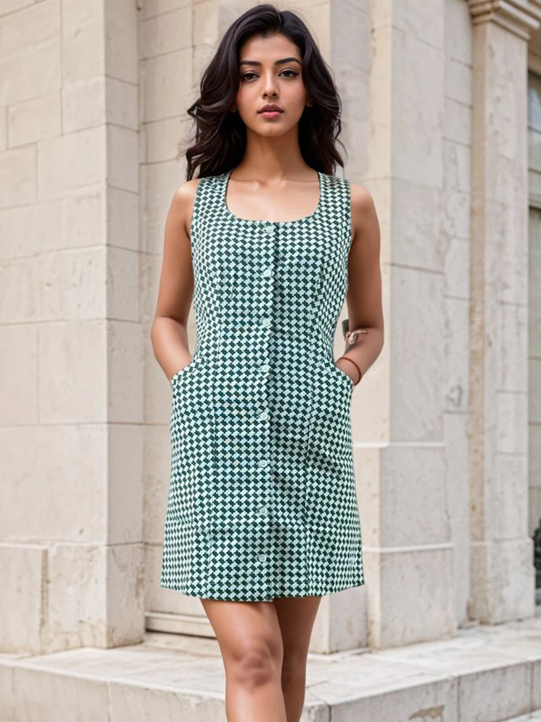 Isthitos Cotton Checked Charm Pocket Sheath Dress