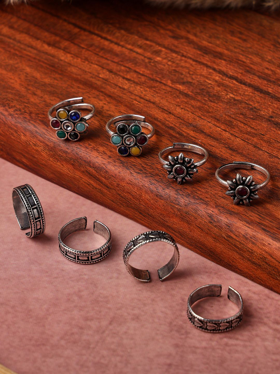 VENI Set Of 4 Silver-Plated Oxidised Toe Rings