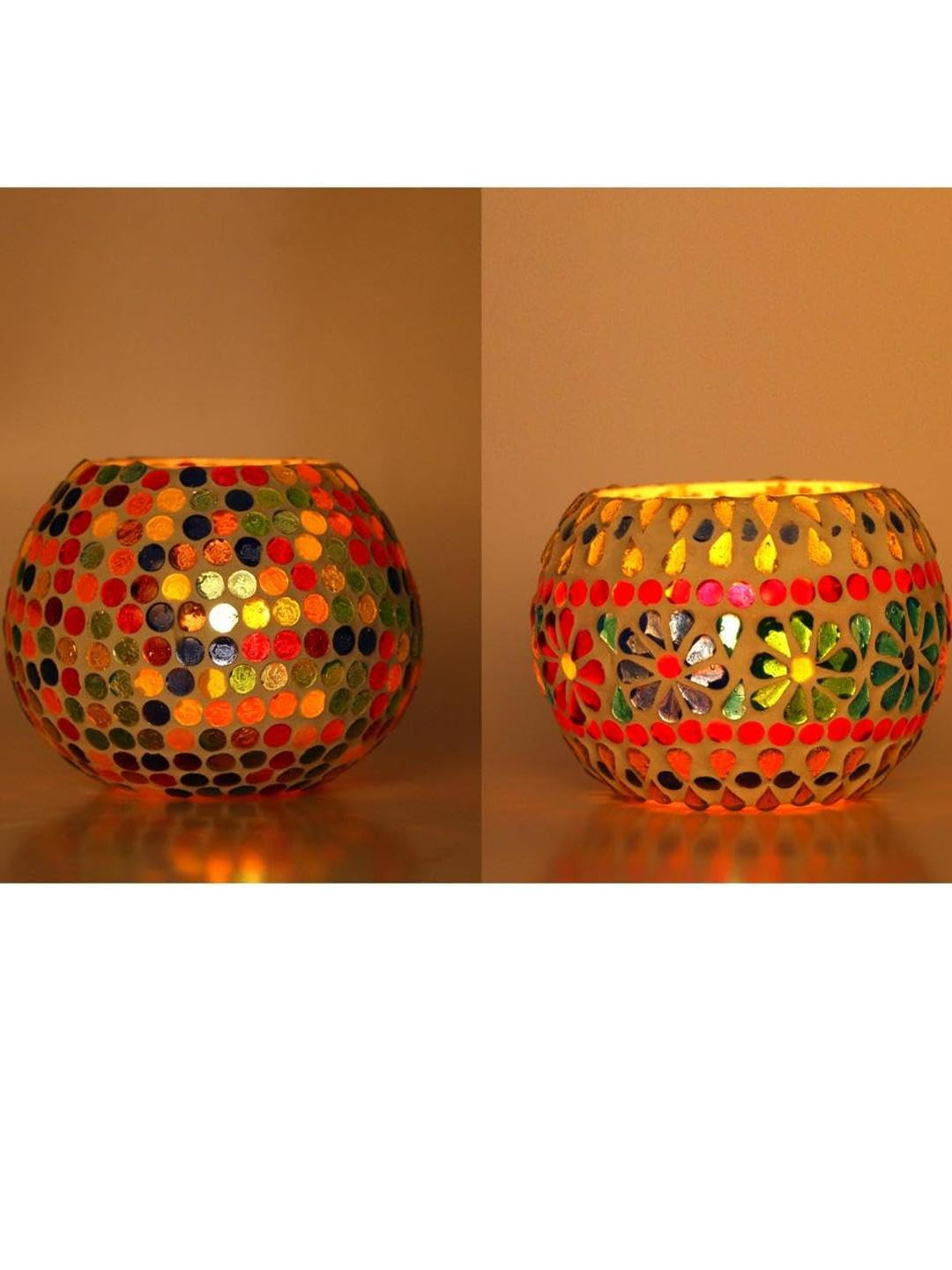 Somil Vibrant Multicolor Glass Candle Holder  Add A Touch Of Magic To Diwali, Parties & Candlelight Dinners, Size-9.5 X 9.5 X 7  Cm , 11 X 11 X 8  Cm Pack OF 2