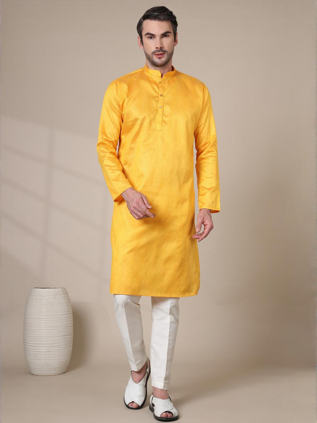 ADHIRAJAN Men Yellow Cotton Silk Kurtas