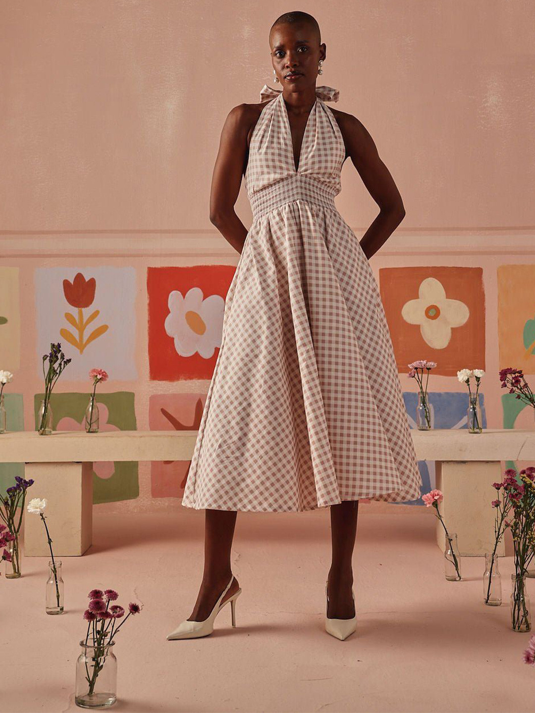 Sage by Mala Kiri  Women Checked Halter Neck Smocked Cotton Fit And Flare Midi Dress