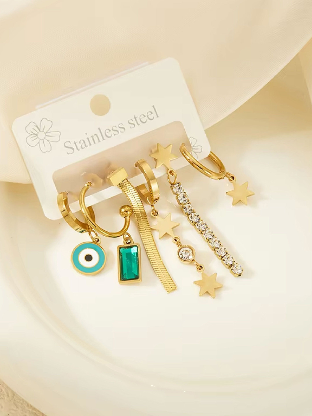 DKane Designs Set of 6 Stainless Steel Gold-Plated AD Studded Star Shaped Drop Earrings