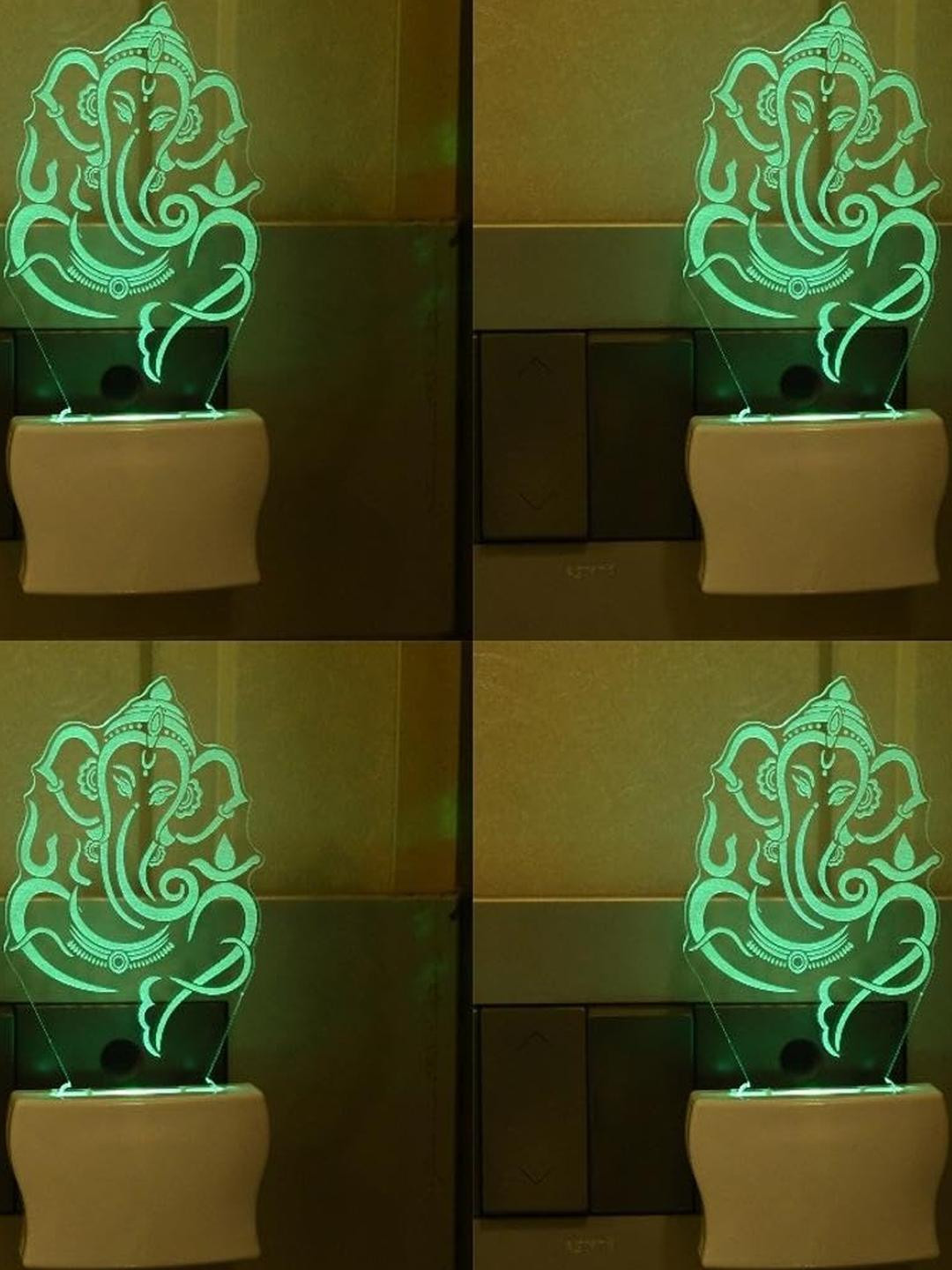 SOMIL Green & Blue 4 Pieces Printed Glass Lord Ganesh Wall Lamps