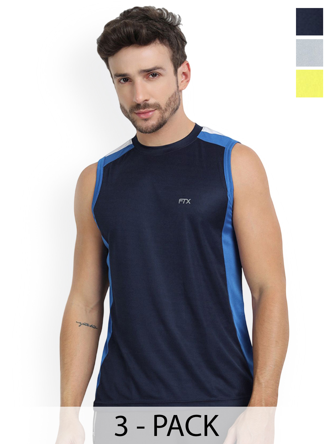 FTX Pack Of 3 Colourblocked Dry-Fit Round Neck Gym Vests 709-1_709-5_709-10-S