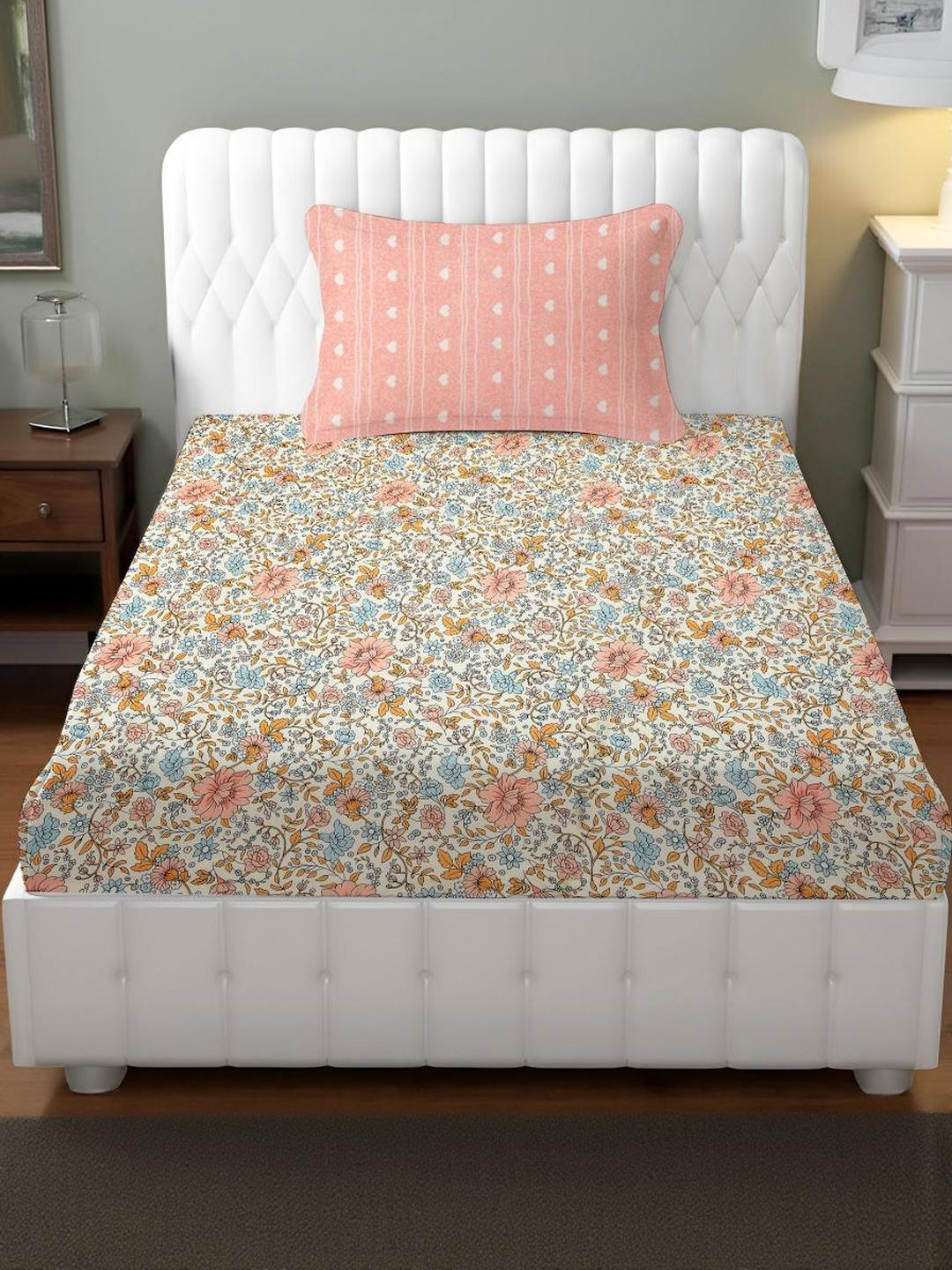 IVAZA Pink Floral 800 TC Egyptian Cotton Queen Bedsheet with 1 Pillow Covers