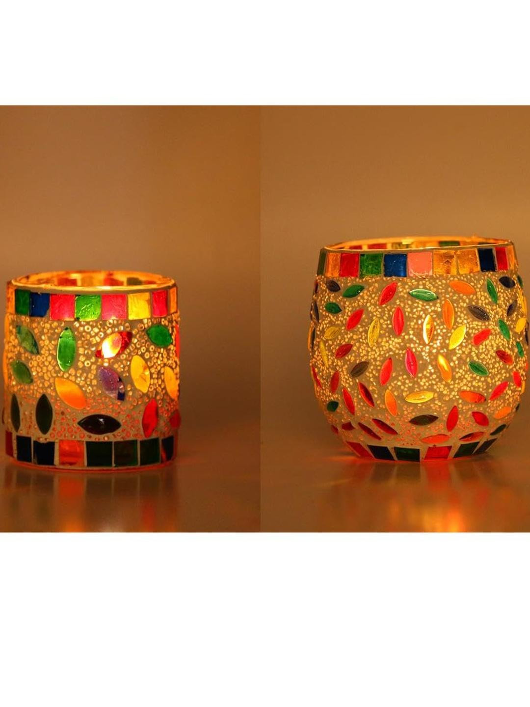 Somil Vibrant Multicolor Glass Candle Holder  Add A Touch Of Magic To Diwali, Parties & Candlelight Dinners, Size-8.5 X 8.5 X 8.5  Cm , 7 X 7 X 7  Cm Pack OF 2