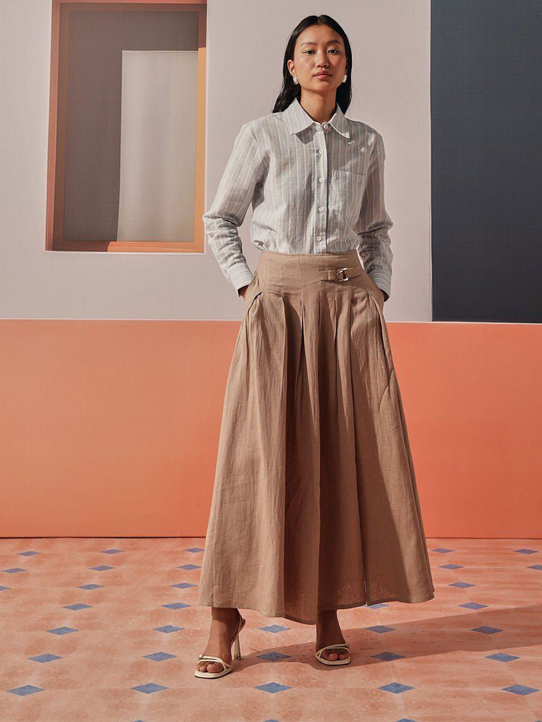 Sage by Mala Remi Women Striped Cuffed Sleeve Linen Shirt