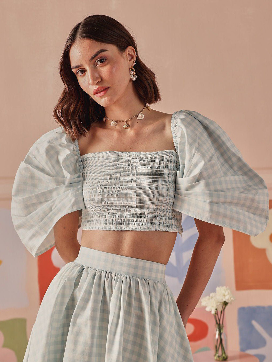 Sage by Mala Women Checked Puff Sleeve Cotton Bardot Crop Top