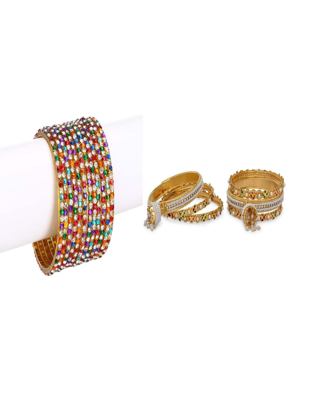 SOMIL Women Pack Of 2 Multi And Gold Glass Ethnic Handcrafted Traditional Bangle