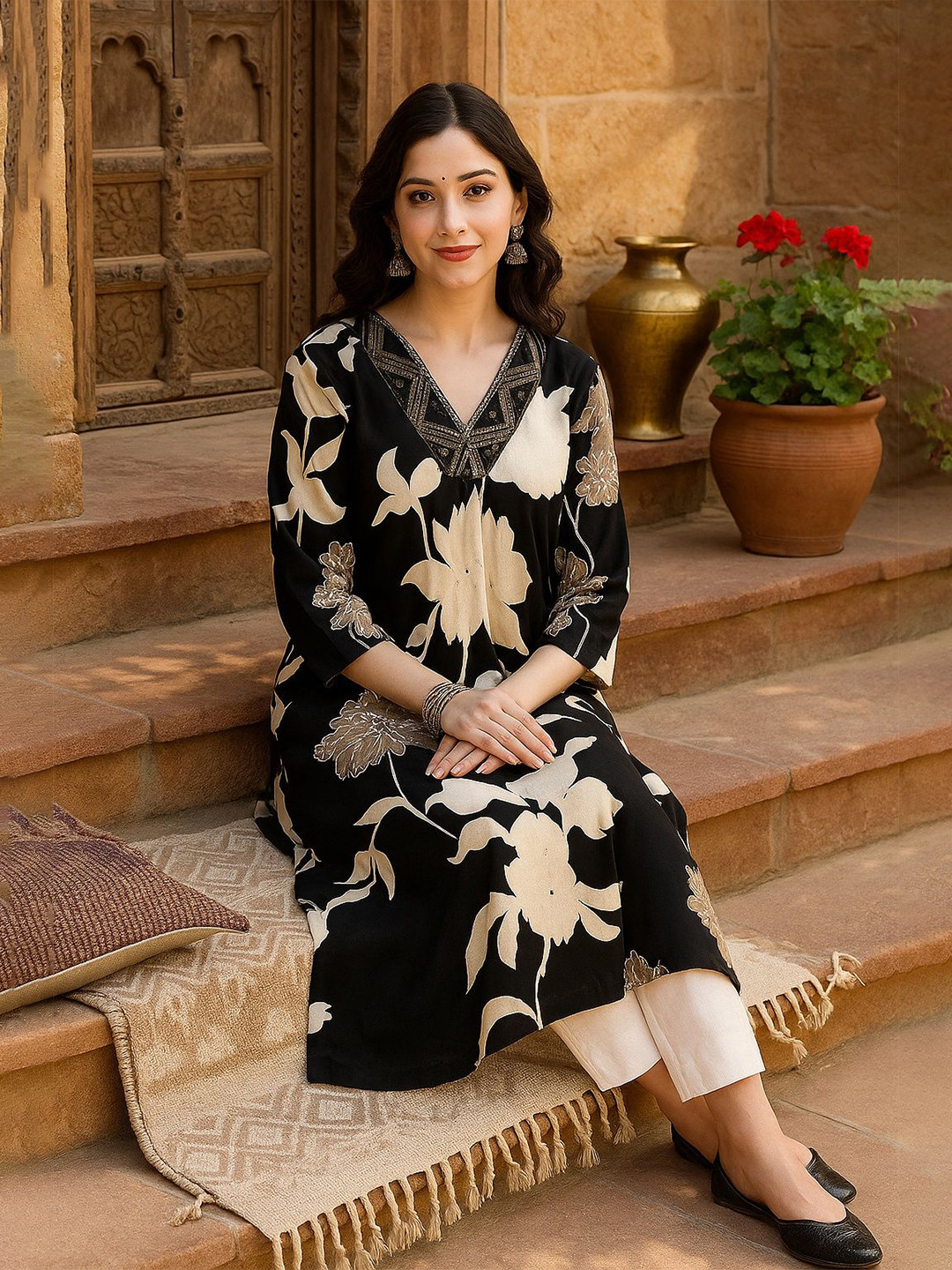 Maaesa Floral Printed V-Neck Straight Rayon Kurta