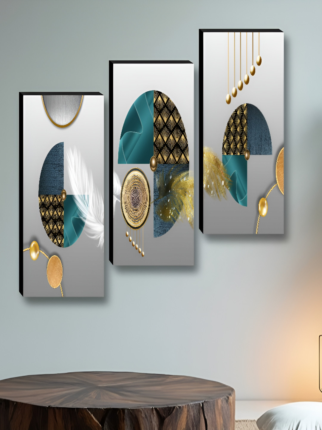 Livin'luxe Grey & Teal 3 Pieces Modern Geometric Wall Arts