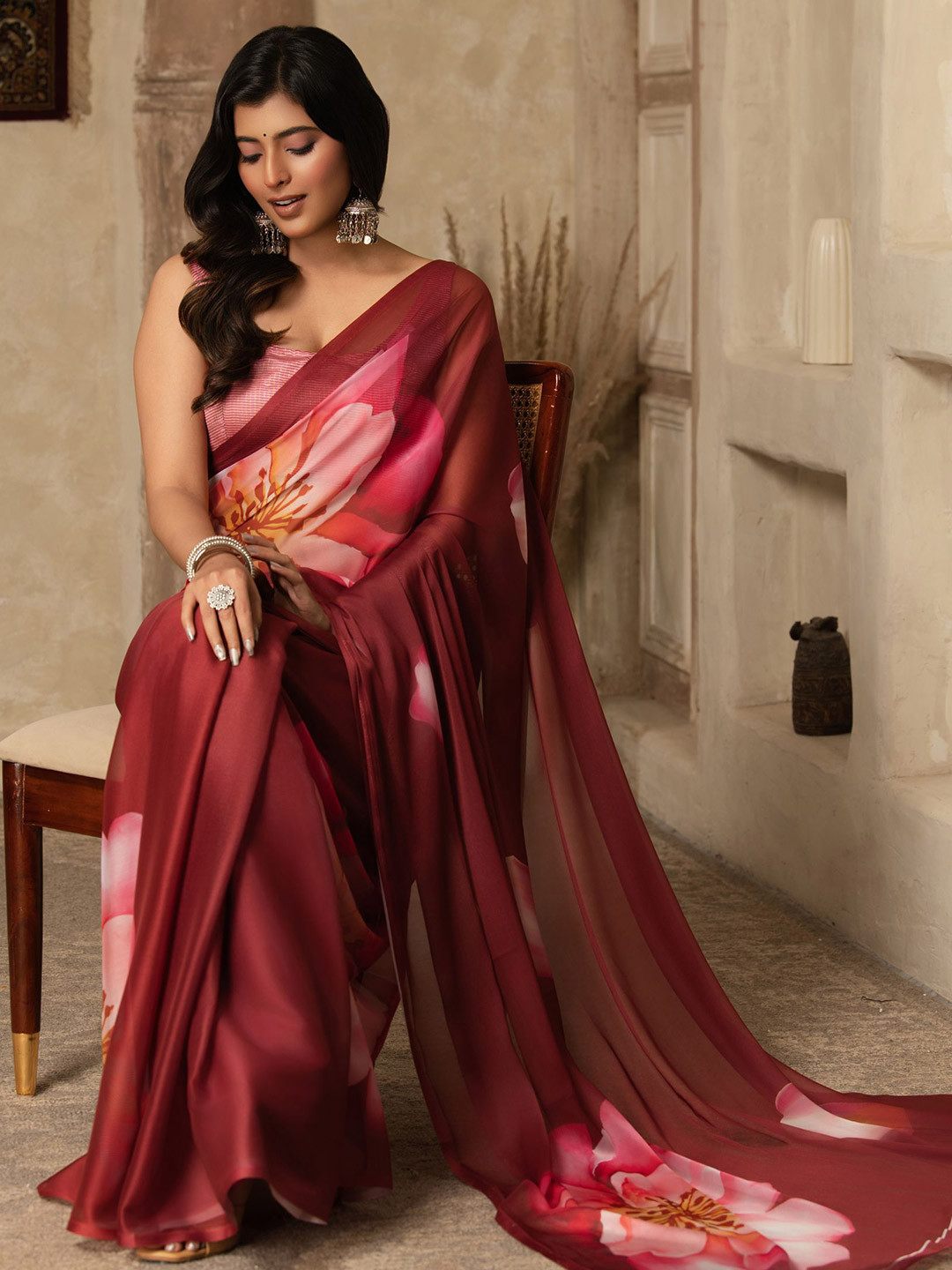Sangria Digital Printed Super Soft Saree With Unstitched Blouse