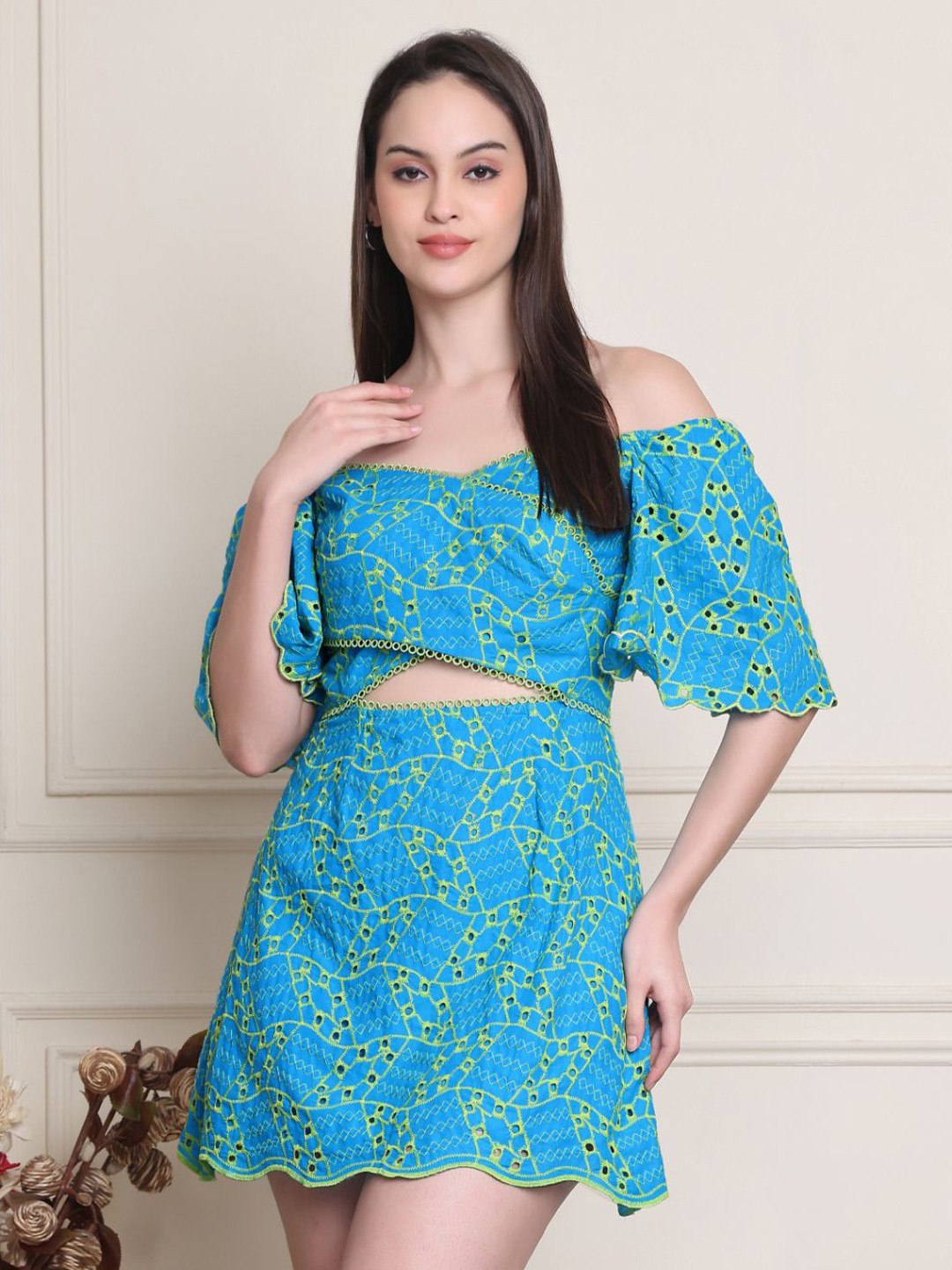 KELIN Floral Print Off-Shoulder Cotton A-Line Dress