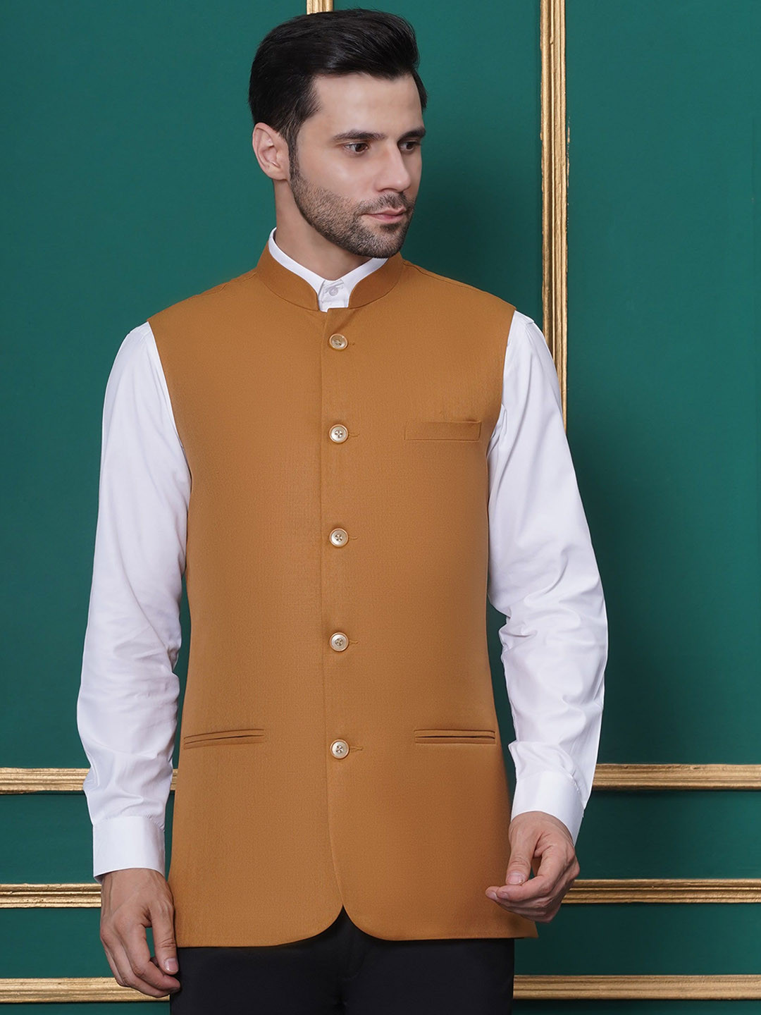 FAVOROSKI Regular Fit Mandarin Collar Pocket Nehru Jacket