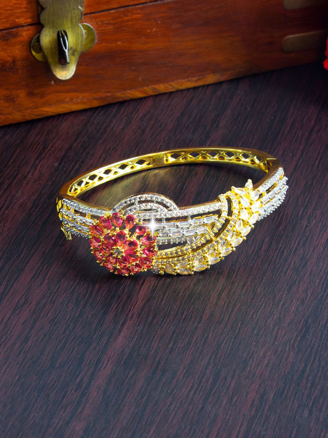 PRIVIU Gold-Plated American Diamond & Ruby Studded Floral Bangle-Style Bracelet