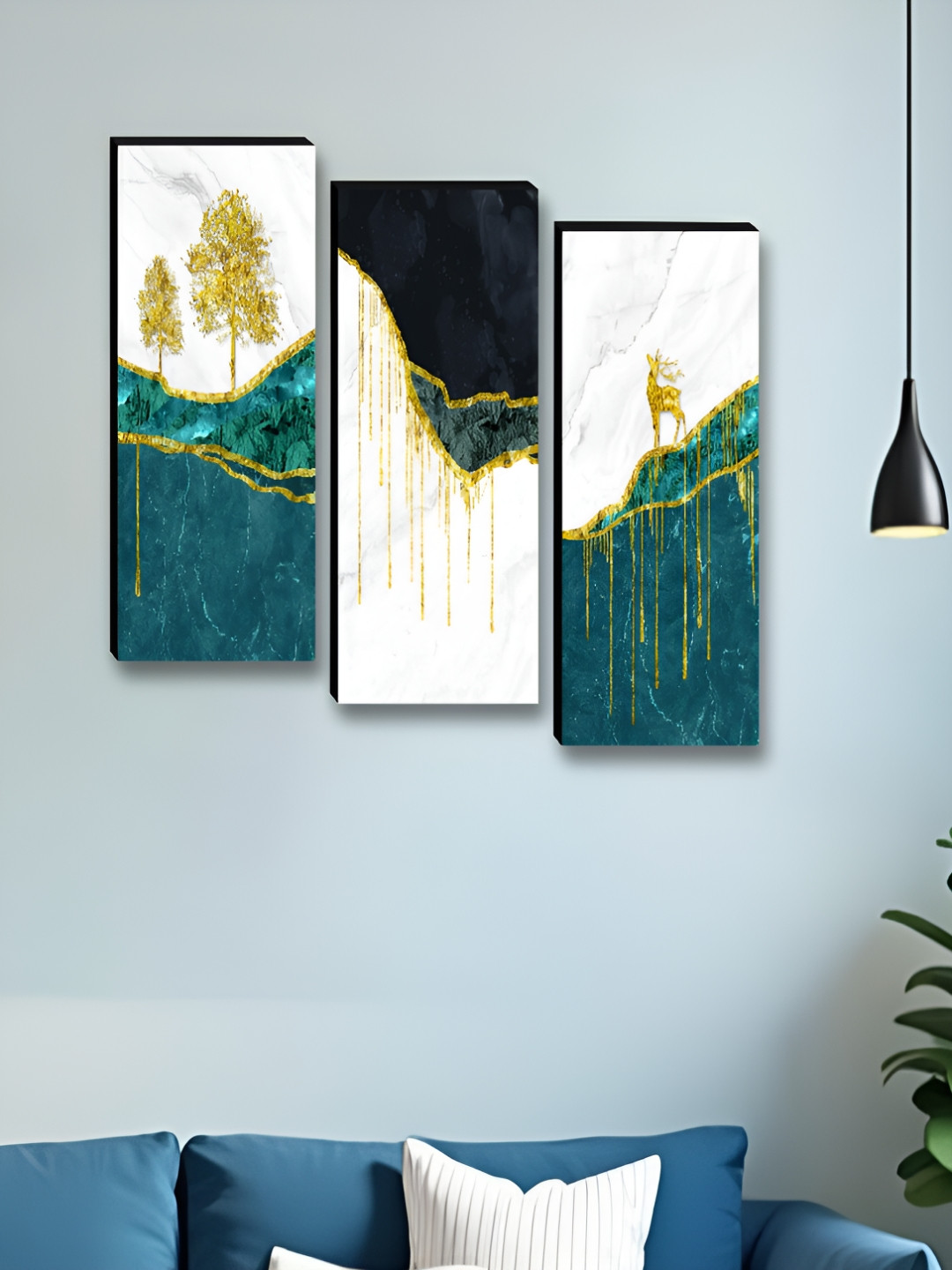 Livin'luxe White & Teal 3 Pieces Deer & Trees Printed Wall Arts