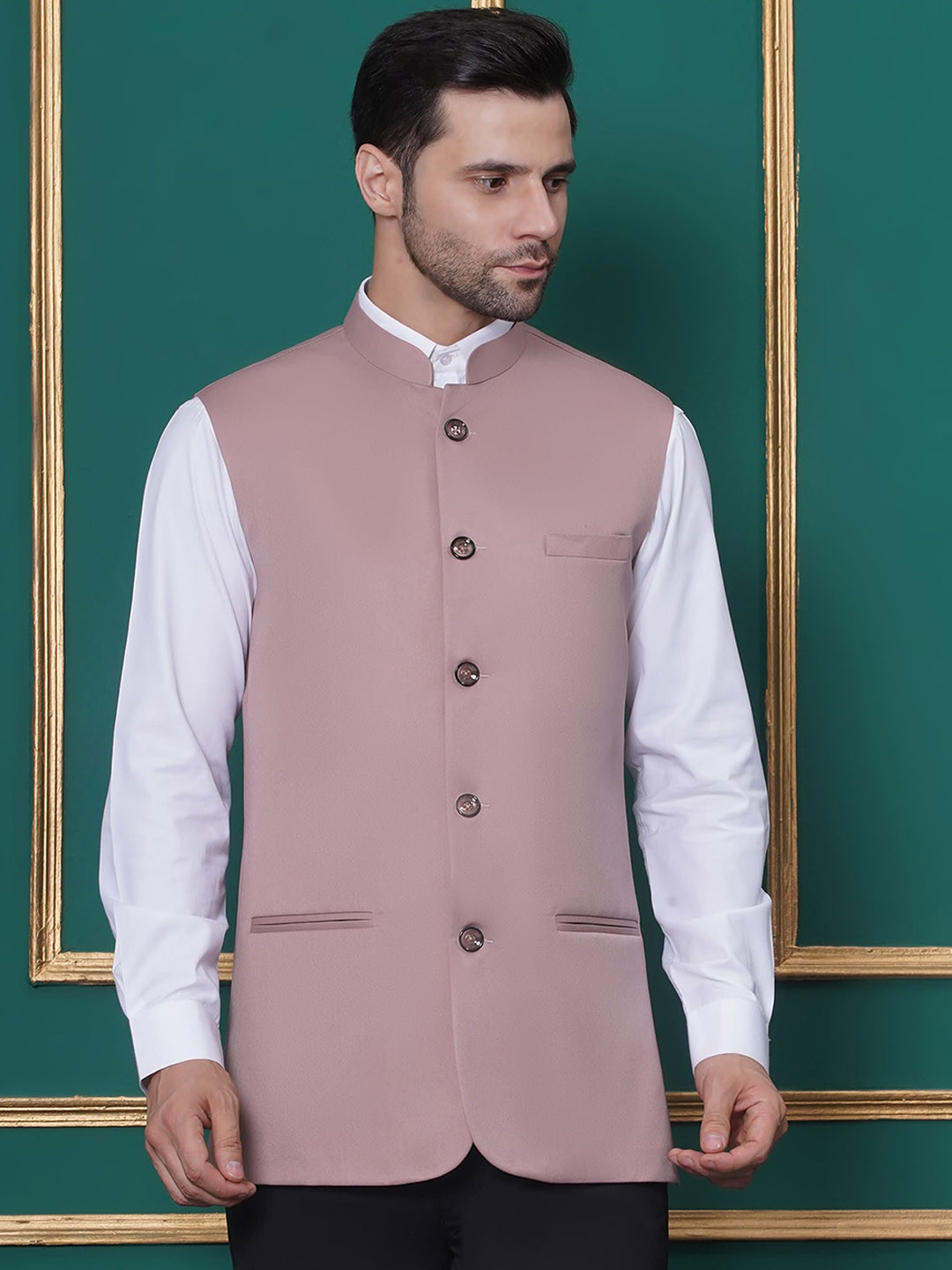 FAVOROSKI Regular Fit Mandarin Collar Pocket Nehru Jacket