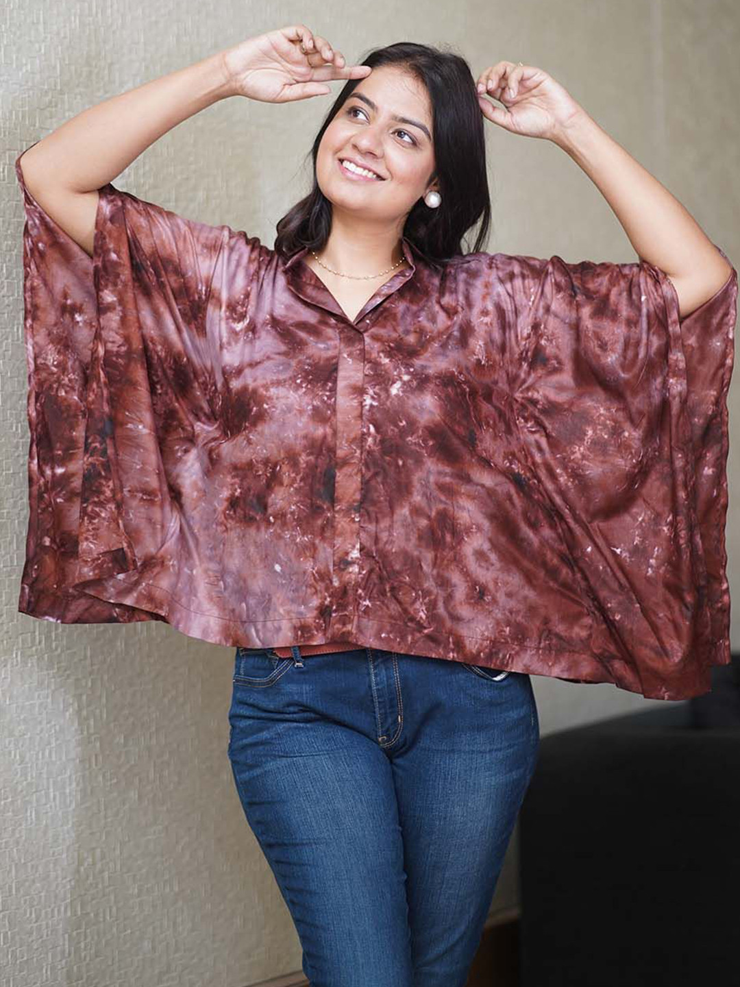 LetsDressUp Women Coffee Tie Dye Kaftan Top Hazelnut