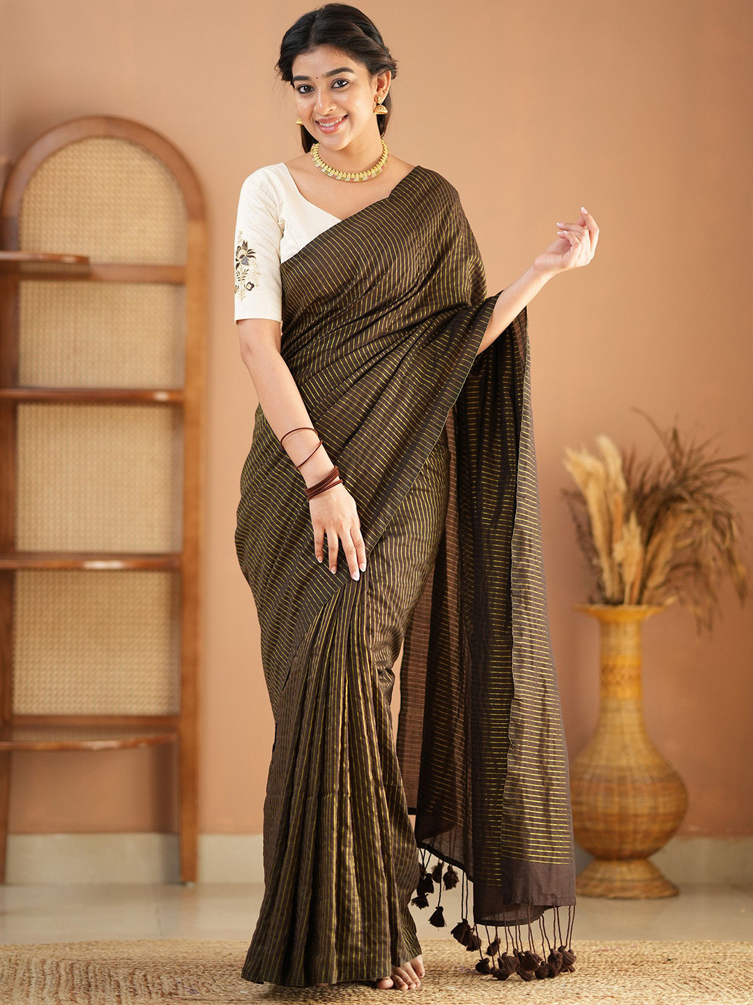 RAAG VARNAM Brown Stripe cotton Saree designer work Blouse