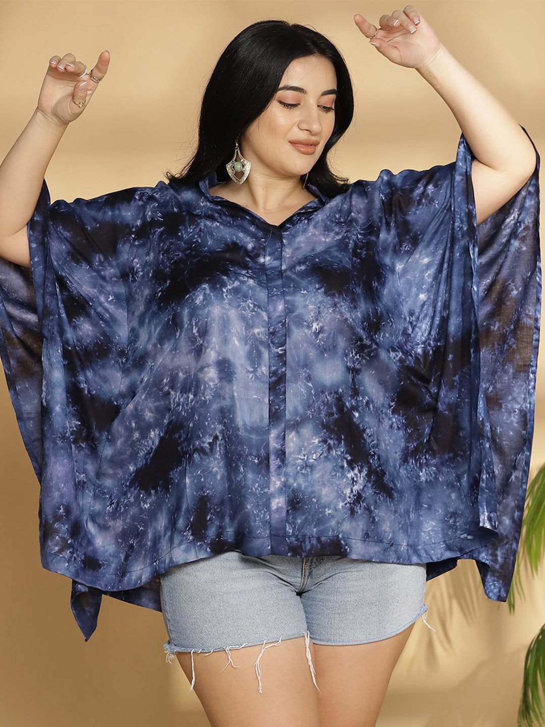 LetsDressUp Women Tie And Dye Dyed Shirt Collar Kimono Sleeve Shirt Style Top