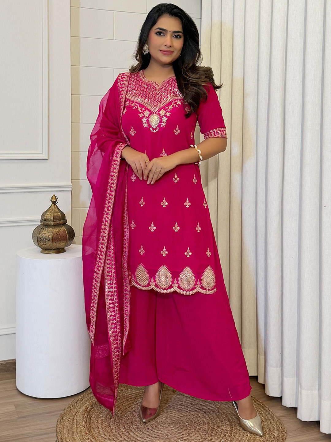 KALINI Women Floal Embroidered Regular Sequined Kurta With Sharara & Dupatta