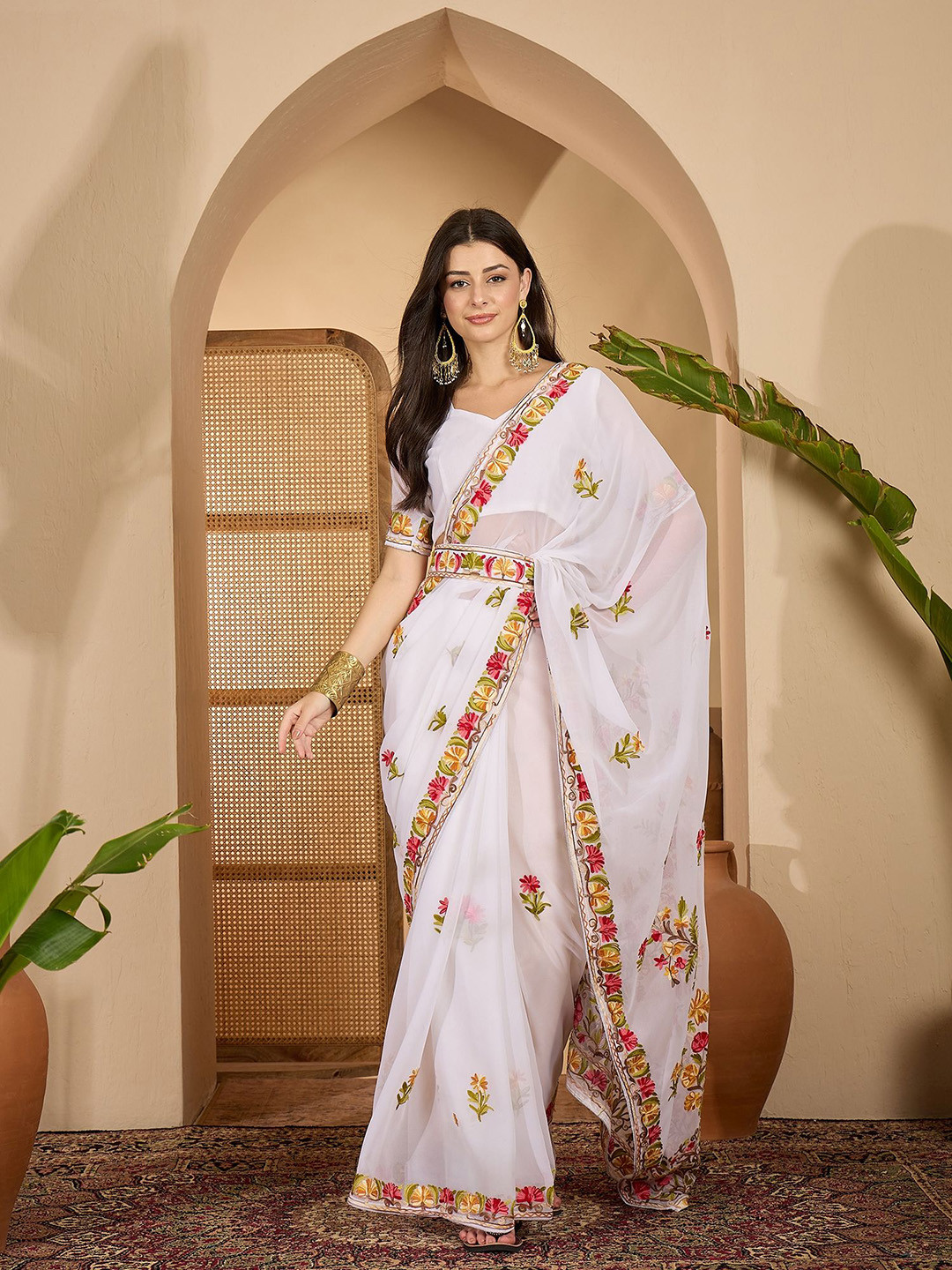 Sangria Embroidered Belted Saree With Blouse Piece