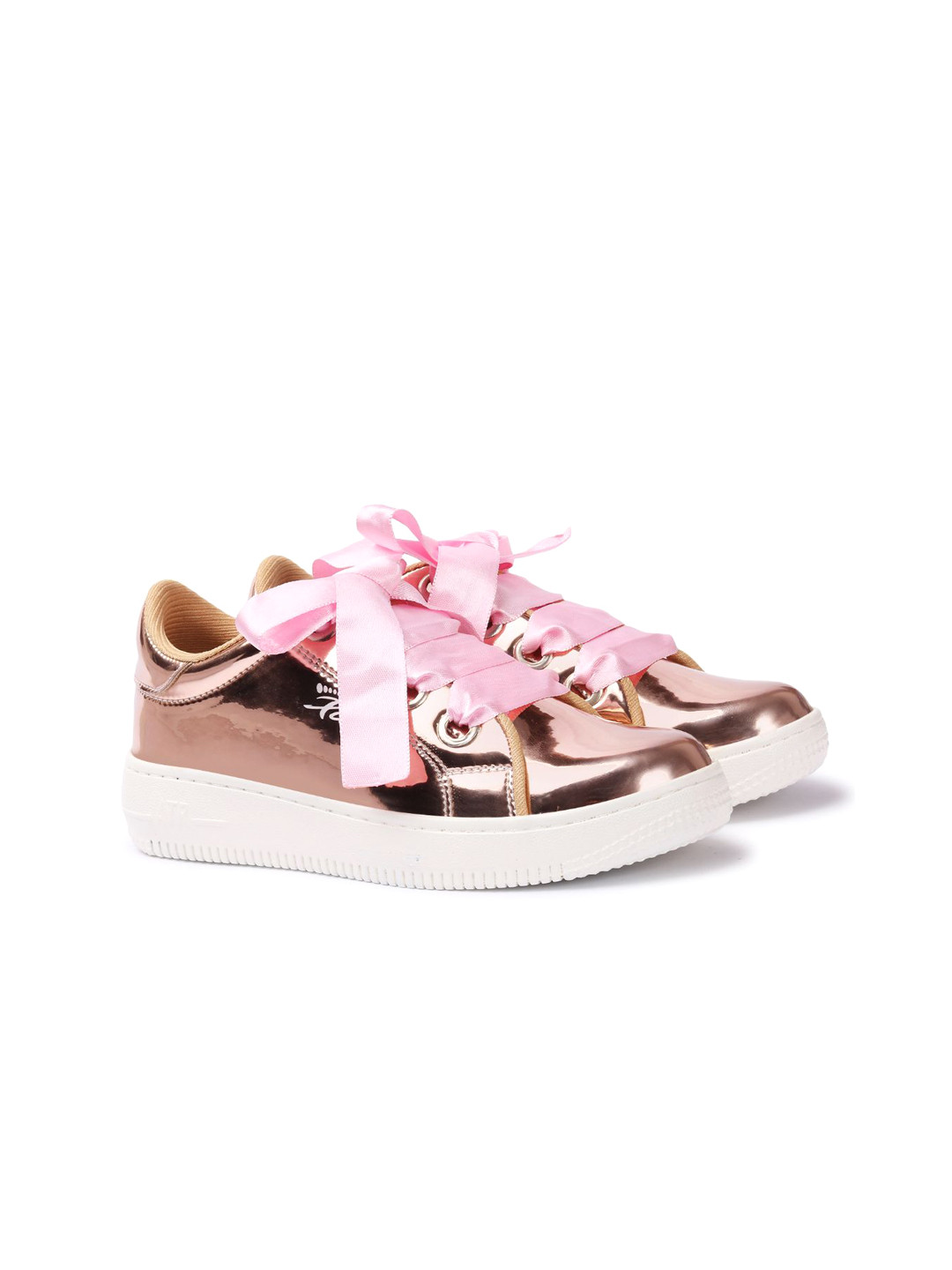 X XIOTA Women Solid Round Toe Lightweight Metalic Ribbon Lace-Up Sneakers