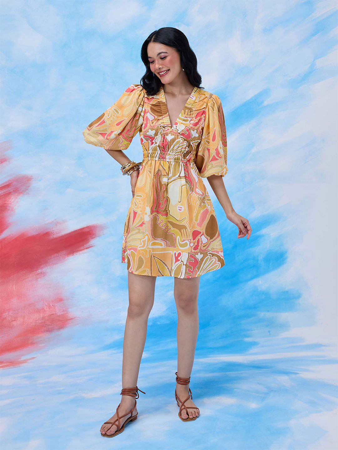 20Dresses Xxd Happi Space Floral Printed Puff Sleeves V-Neck Fit & Flare Mini Dress