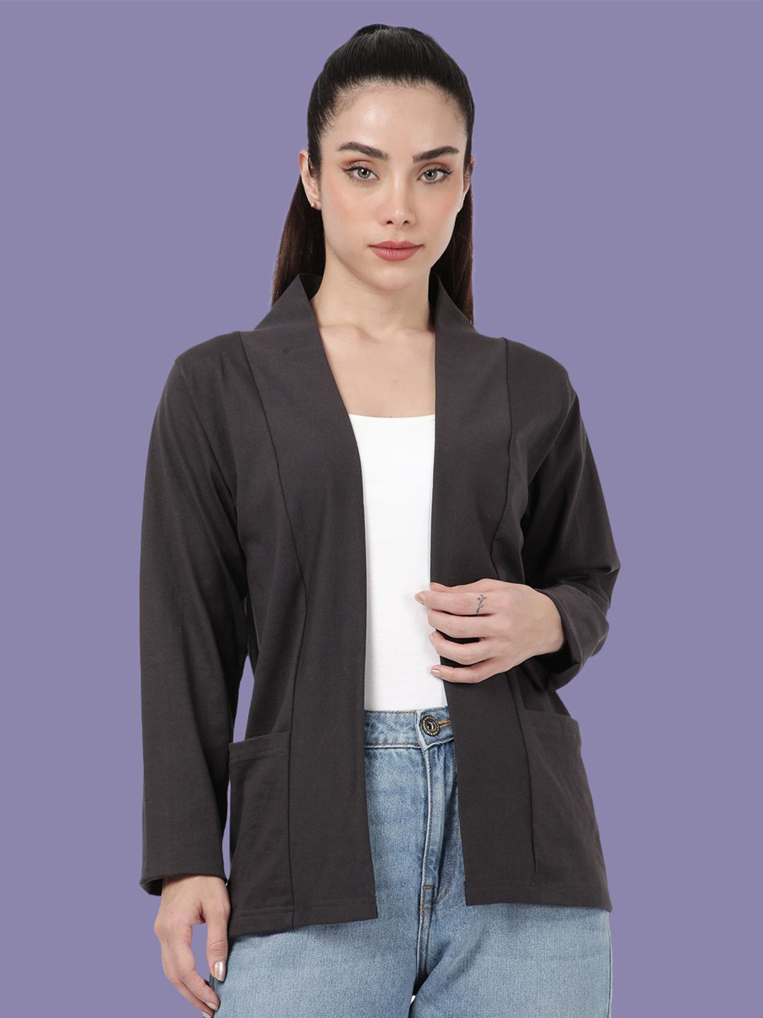 Kryptic Notch Lapel Collar Front Open Full Sleeve Pure Cotton Shrug