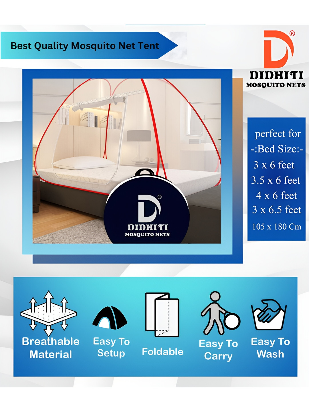 didhiti White & Red Single Bed Tent Mosquito Net