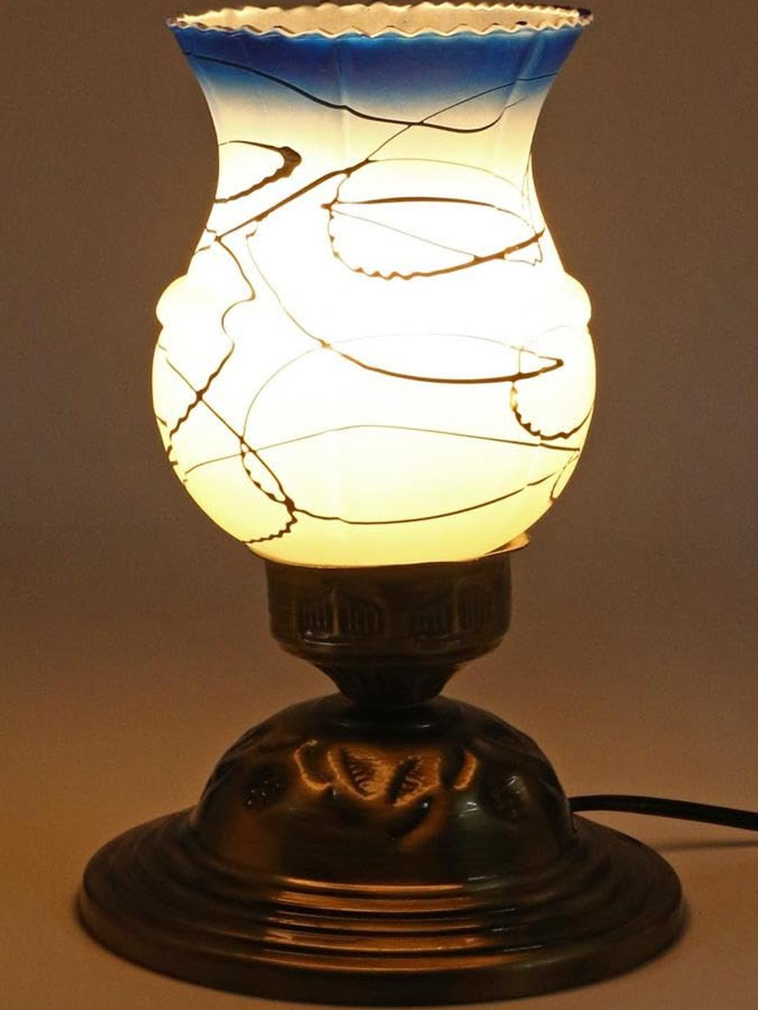 SOMIL Blue And White Printed Glass Cylindrical Shaped Table Lamp