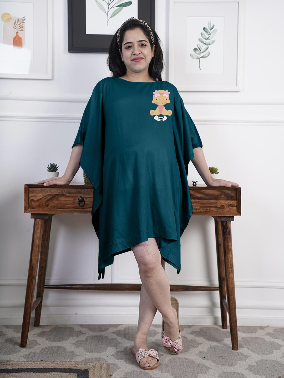 LetsDressUp Women Kimono Sleeve Teal Rayon Maternity Kaftan Dress
