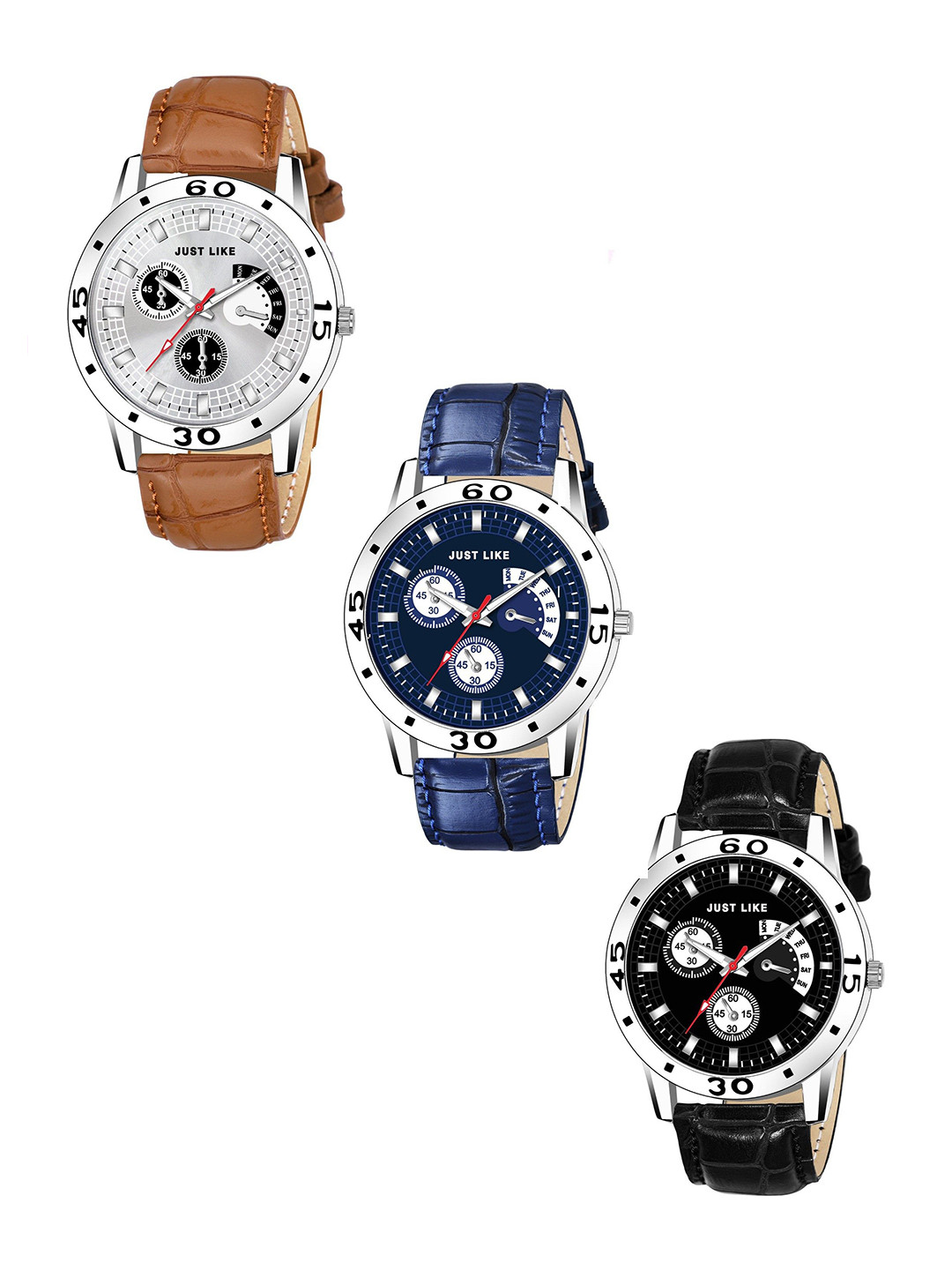 JUST LIKE Unisex Pack Of 3 Dial & Straps Analogue Watches gray addi-bk-damaru combo wath