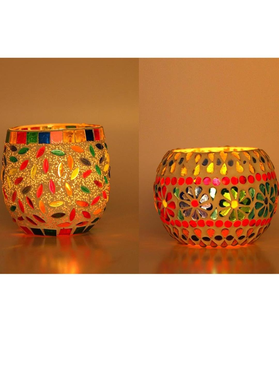Somil Vibrant Multicolor Glass Candle Holder  Add A Touch Of Magic To Diwali, Parties & Candlelight Dinners, Size-8.5 X 8.5 X 8.5  Cm , 11 X 11 X 8  Cm Pack OF 2
