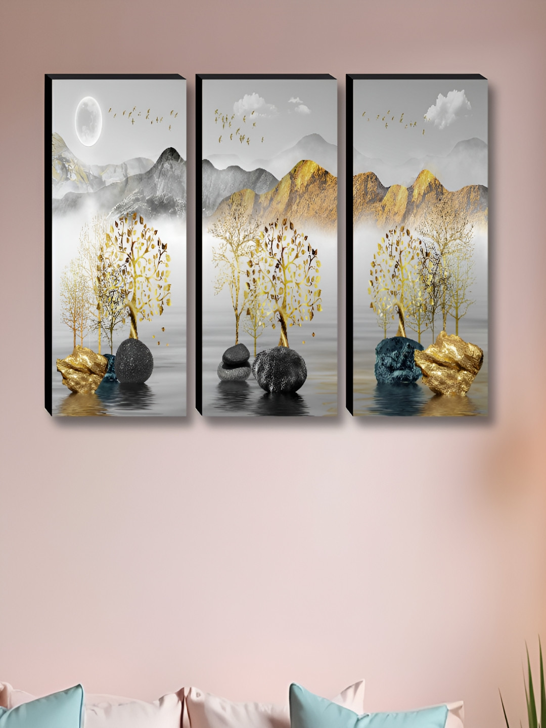 Livin'luxe Grey & Gold-Toned 3 Pieces Trees & Mountains Wall Arts