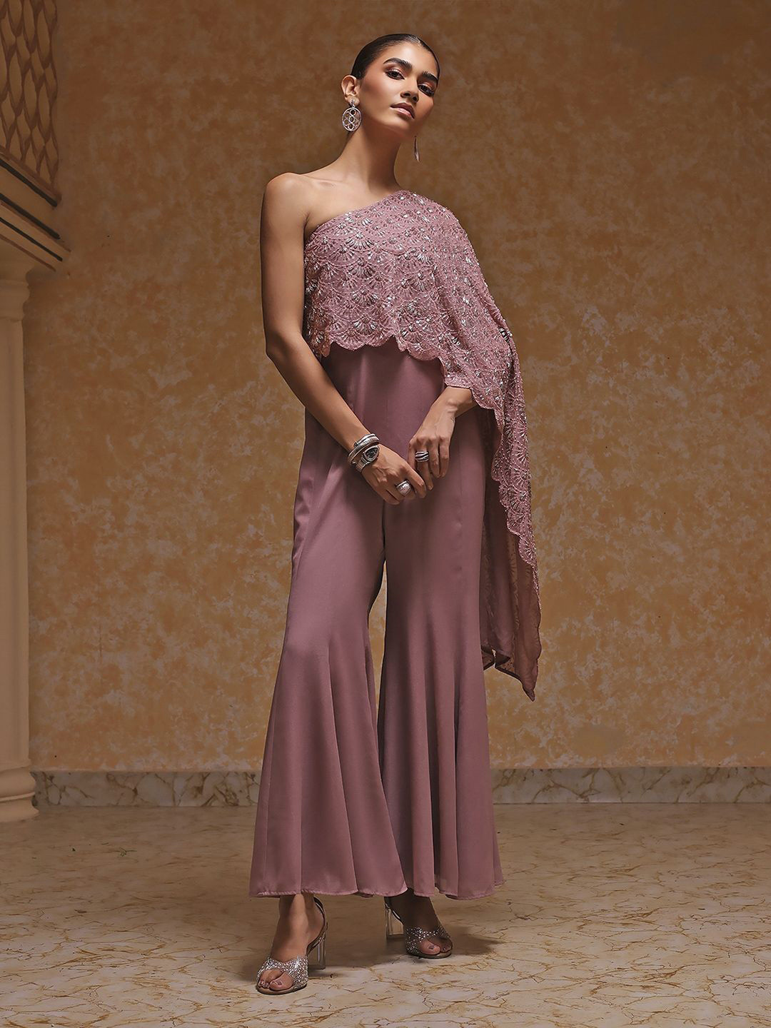 Biba Self Design Off-Shoulder Silk Jumpsuit