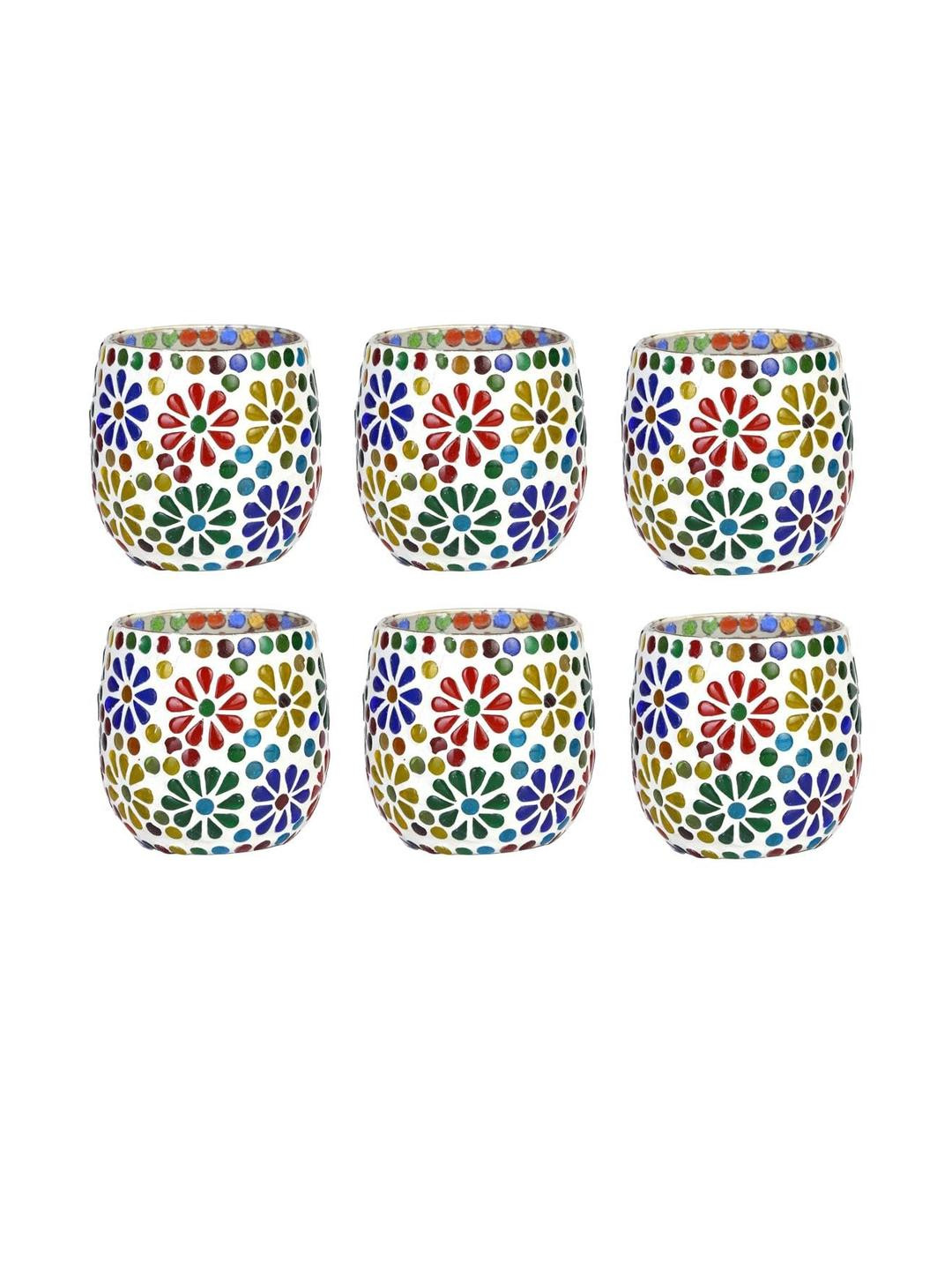 SOMIL White & Multi-Coloured Set Of 6 Floral Printed Glass Candle Holders
