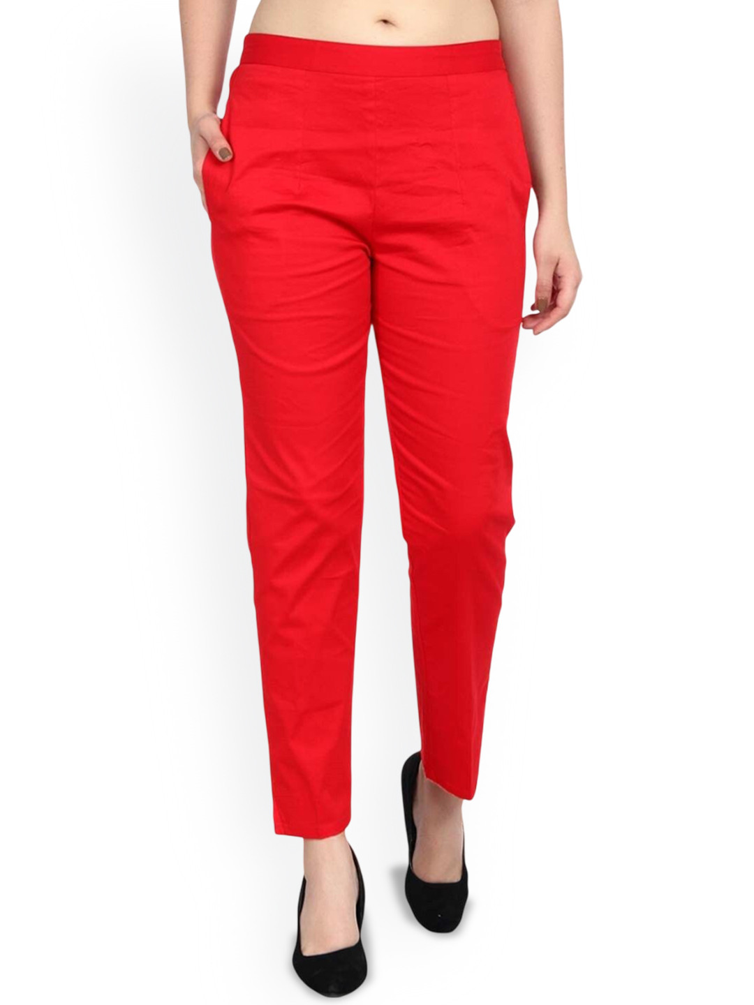 SRISARAS Women Cherry Red Mid-Rise Cotton Cigarette Trousers