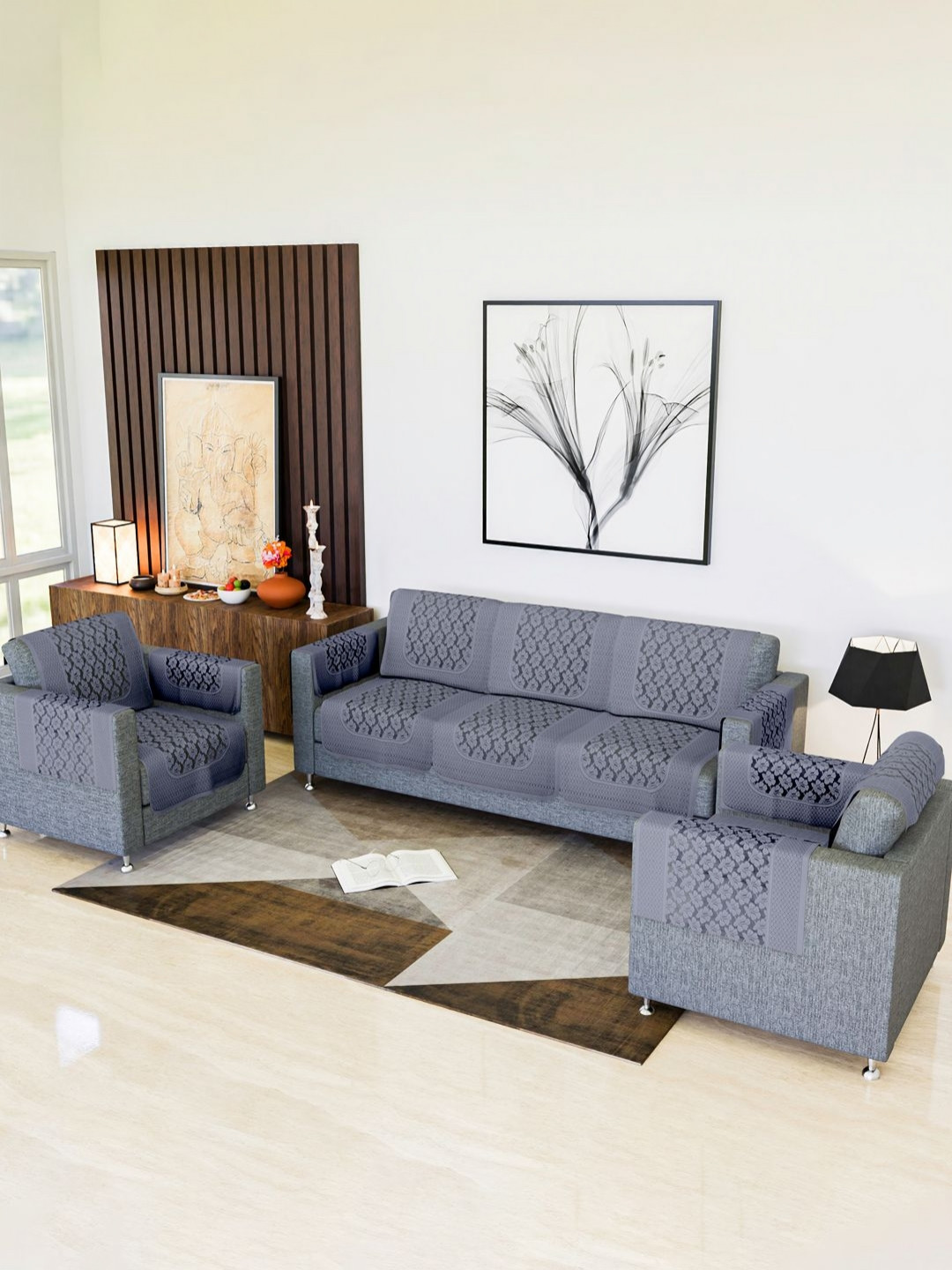 RUBOXA Grey & Black Printed Cotton Sofa Cover With Arms