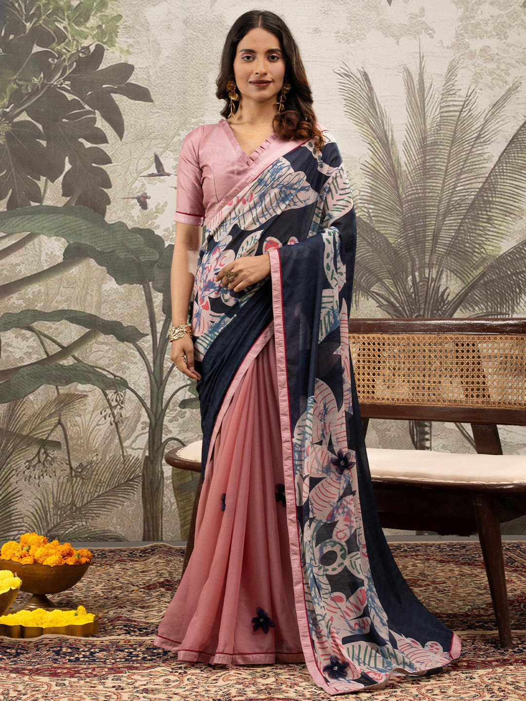 Sedora Couture Floral Poly Crepe Half and Half Saree