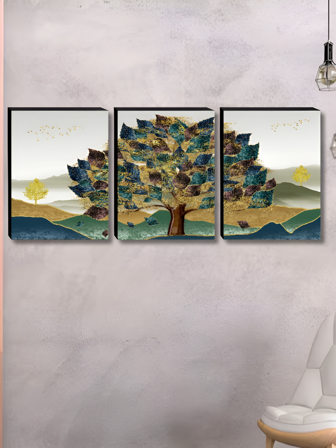 Livin'luxe Off White & Gold-Toned 3 Pieces Tree Landscape Wall Arts