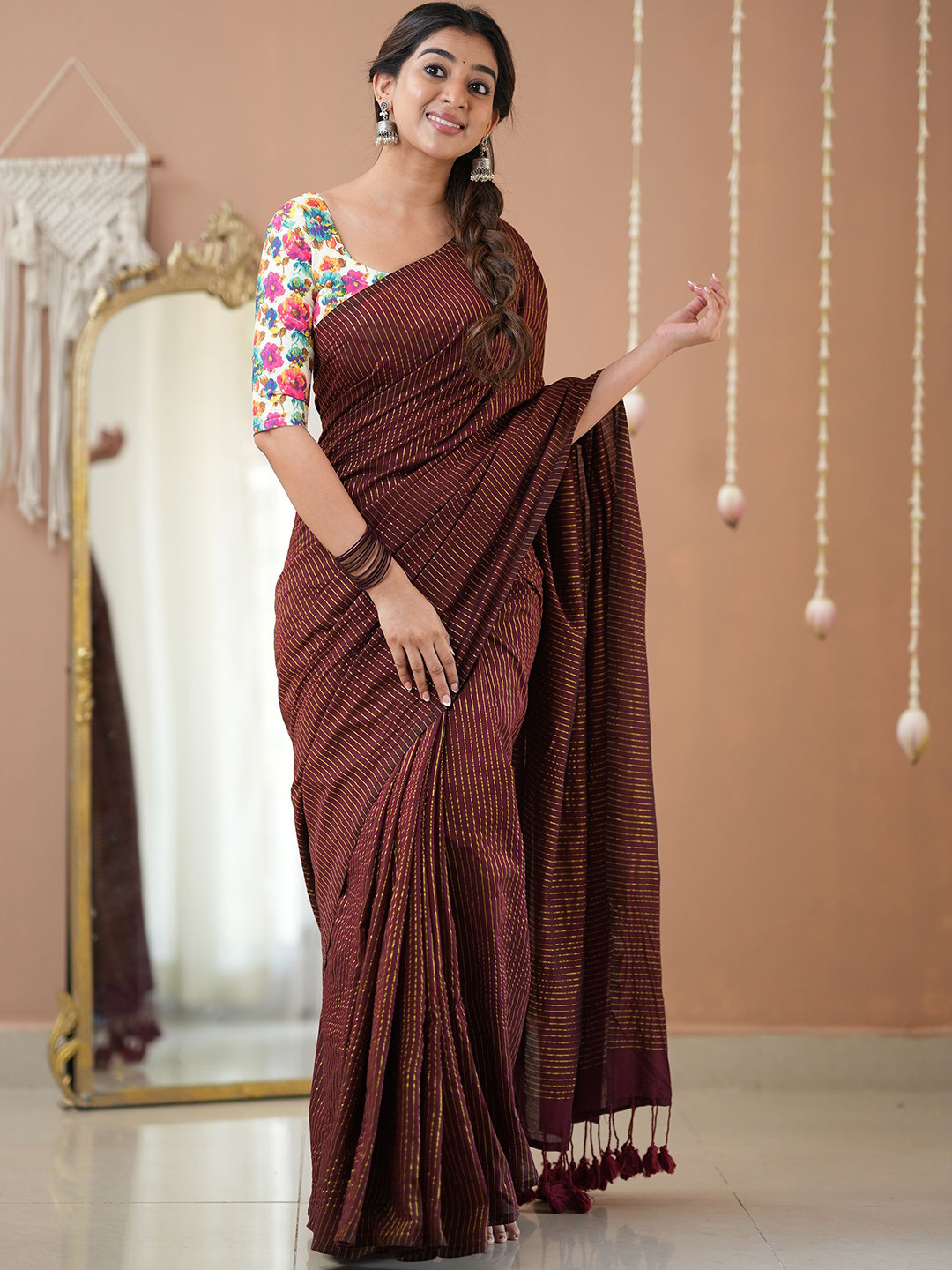 RAAG VARNAM Wine Stripe cotton Saree designer Print  Blouse