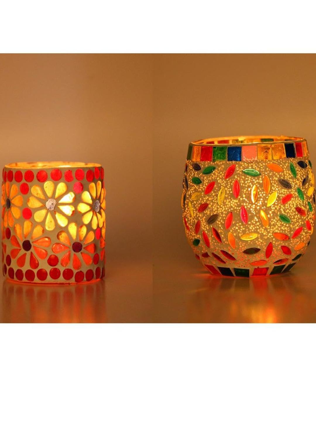 Somil Vibrant Multicolor Glass Candle Holder  Add A Touch Of Magic To Diwali, Parties & Candlelight Dinners, Size-7 X 7 X 7  Cm , 8.5 X 8.5 X 8.5  Cm Pack OF 2