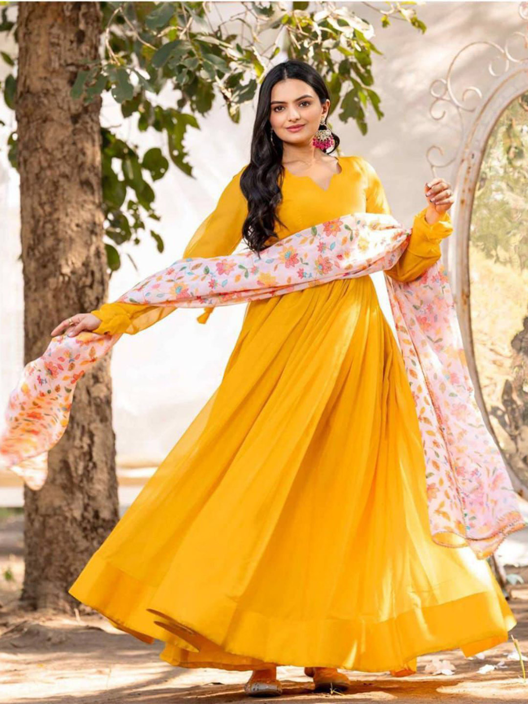 RUNAYA NX Women Georgette Fit & Flare Maxi Ethnic Dress with Floral Printed Dupatta