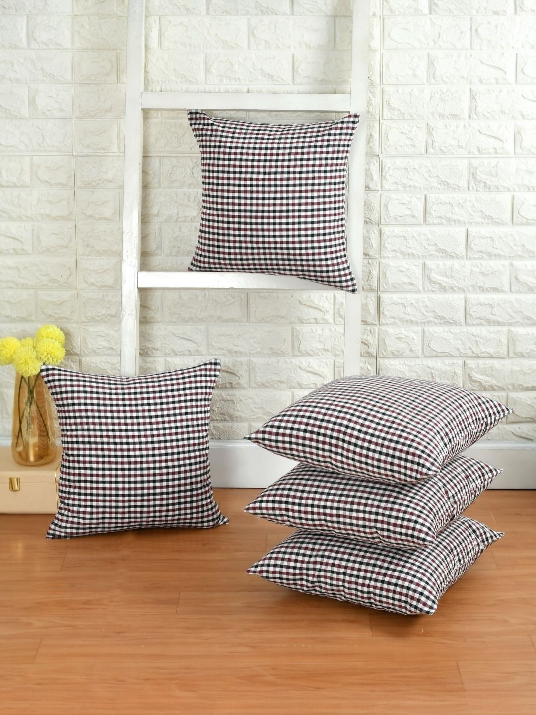 WISE HOME Set of 5 Checked Print Square Cushion Covers